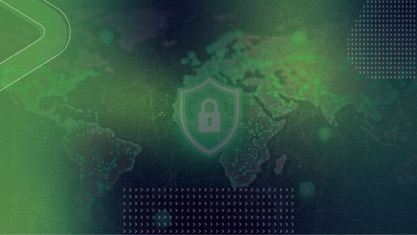 Global cybersecurity concept showing a world map with a central shield and lock icon, representing data protection, network security, and threat monitoring across connected systems with Sedara Branding color