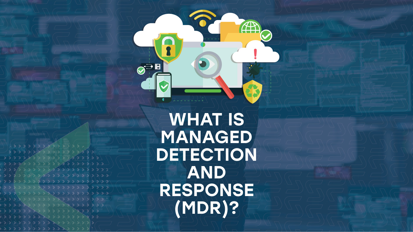"What Is Managed Detection and Response (MDR)? " - Written with Cybersecurity related icons and Sedara branded background.