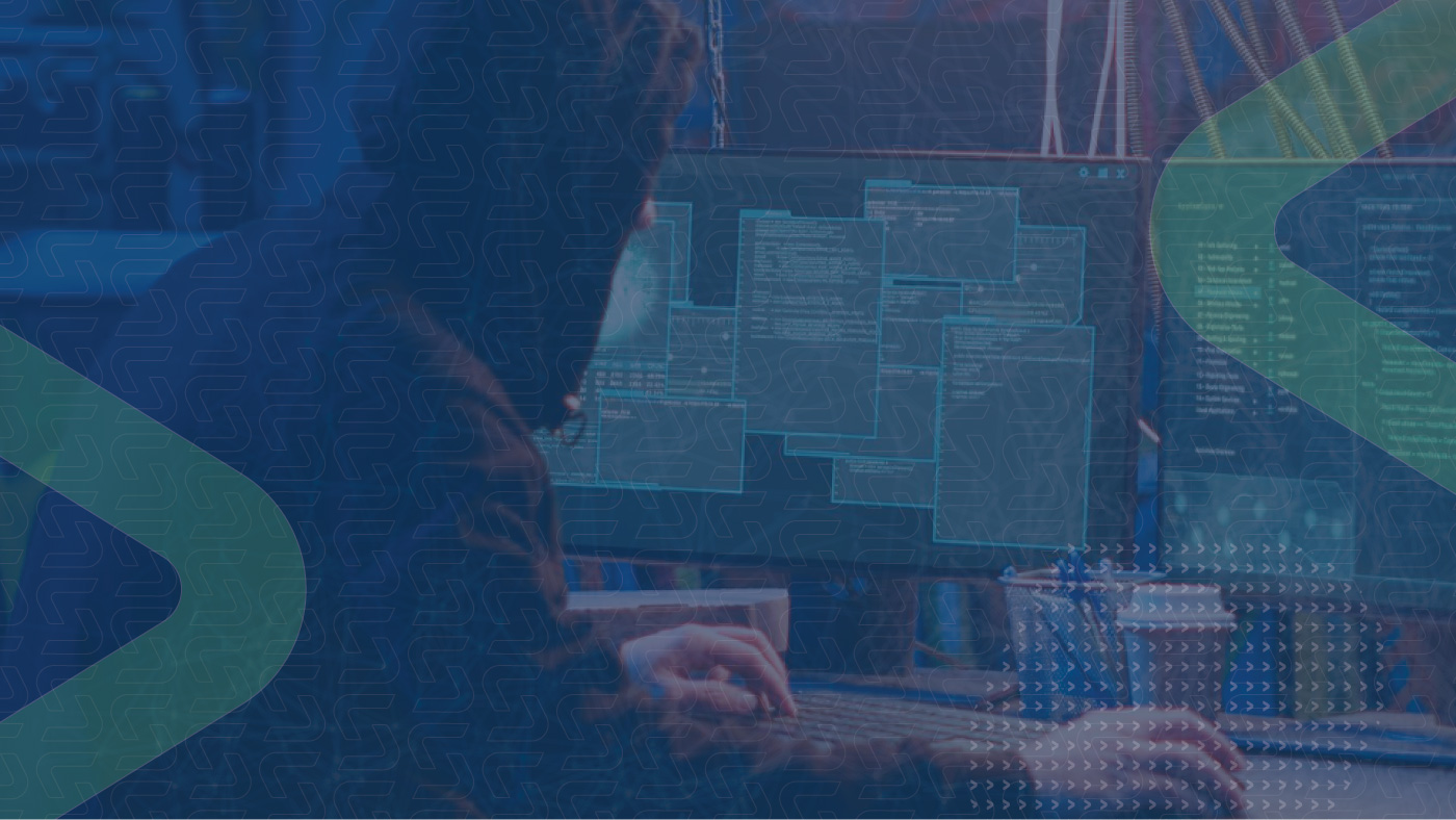 A image of a boy looking into computer monitors with Sedara Cybersecurity related elements
