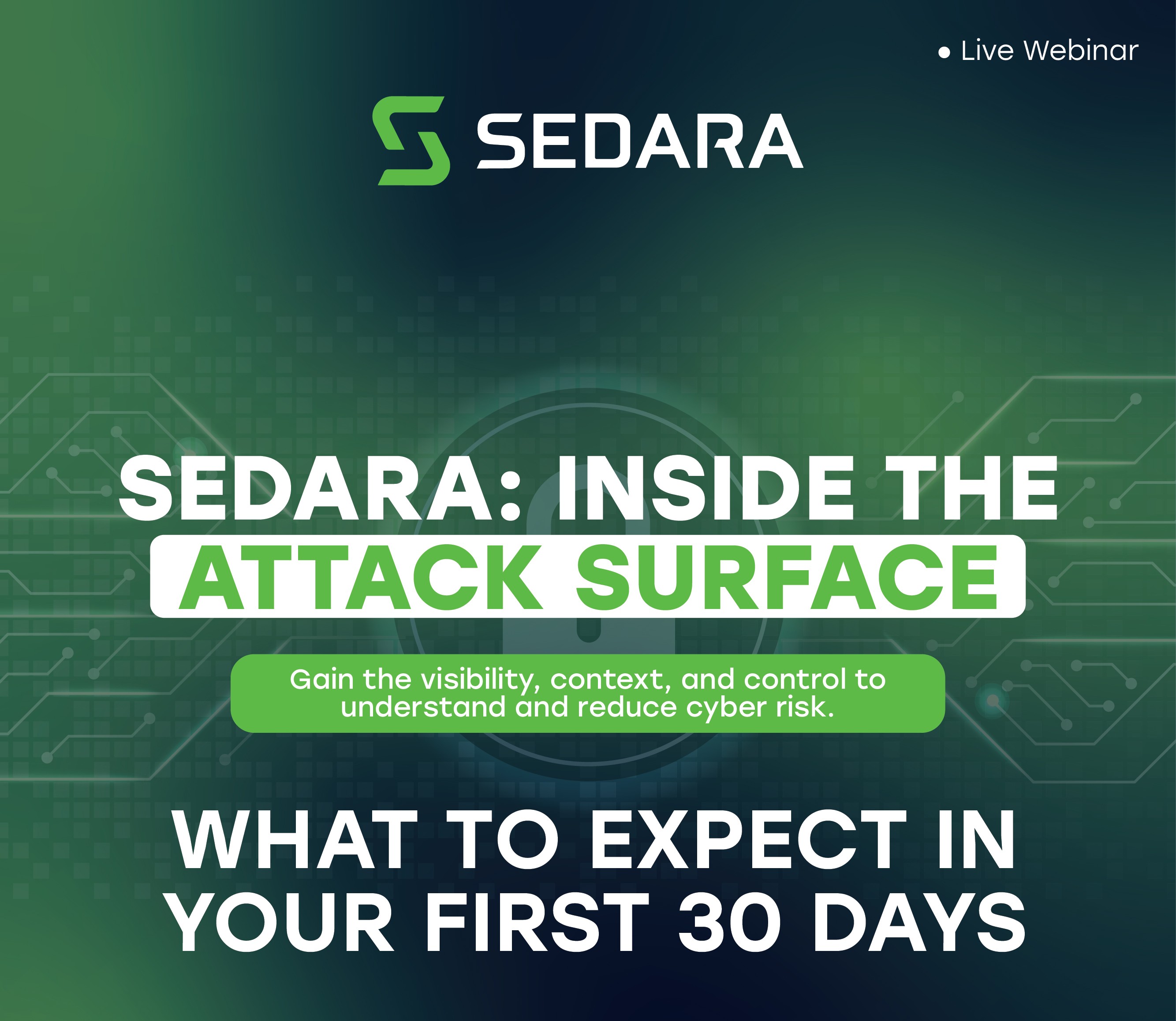 Text information about the webinar with Sedara Branded Cyber Security Elements in the background