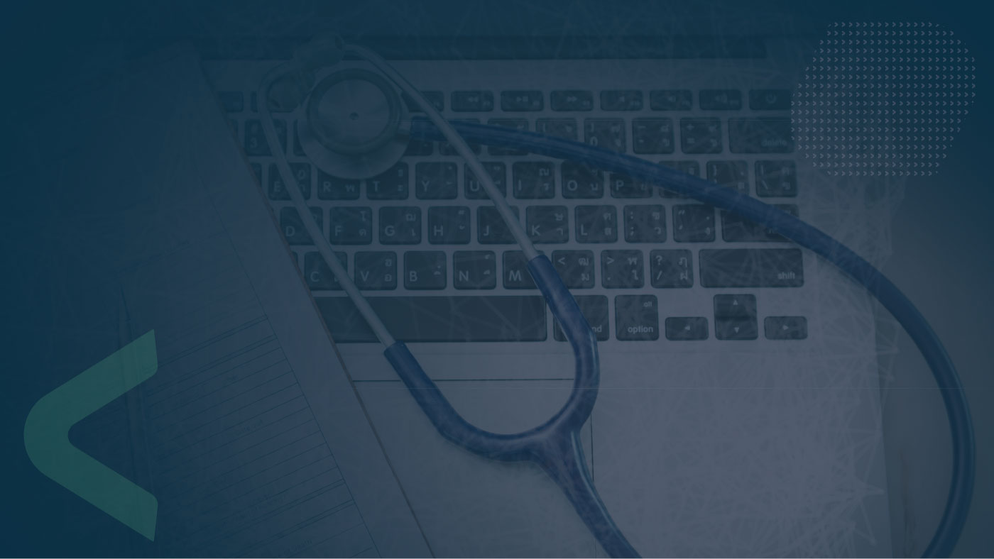 Top view of laptop with stethoscope in the background with Sedara branded elements and color.