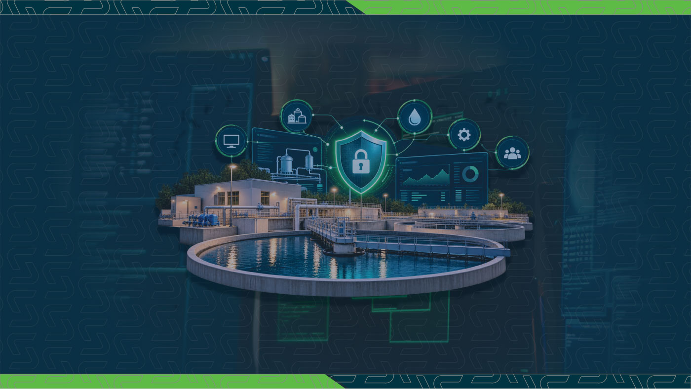 Water and wastewater treatment facility with cybersecurity shield, digital monitoring dashboards, and connected systems representing critical infrastructure protection with Sedara Branded Background.